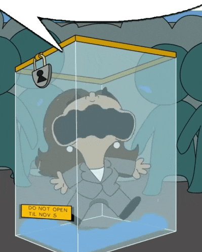 a cartoon of a woman in a glass box with a do not open til nov 5 sign
