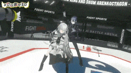 two anime girls are standing on a boxing ring with a sign that says fight sports .