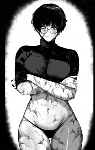 a black and white drawing of a girl with glasses
