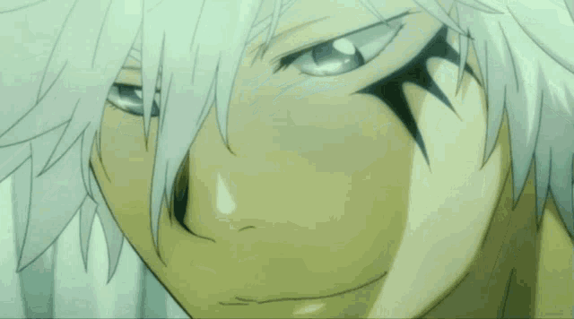 a close up of a cartoon character with white hair