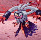 a cartoon character with long arms and a purple dress is standing in a field .