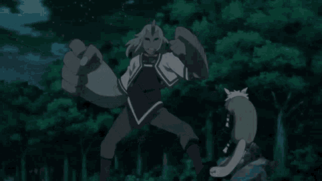 a man and a woman are fighting each other in a dark forest