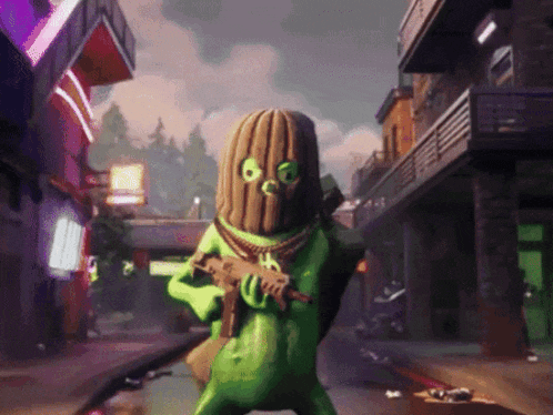 a cartoon character is holding a gun in a city street
