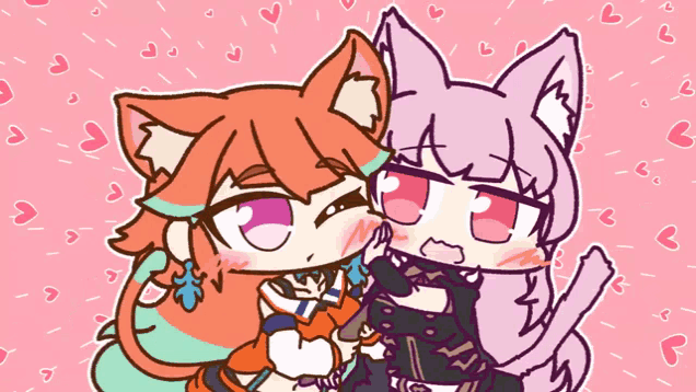 a drawing of two anime characters on a pink background with hearts on it