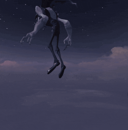 a cartoon character is flying through a cloudy night sky
