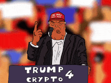 a cartoon of donald trump speaking at a podium with a sign that says trump 4 crypto