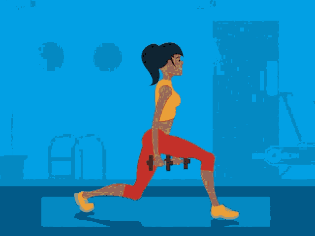 an illustration of a woman walking with dumbbells in her hand