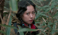 a young girl is standing in a forest surrounded by plants .