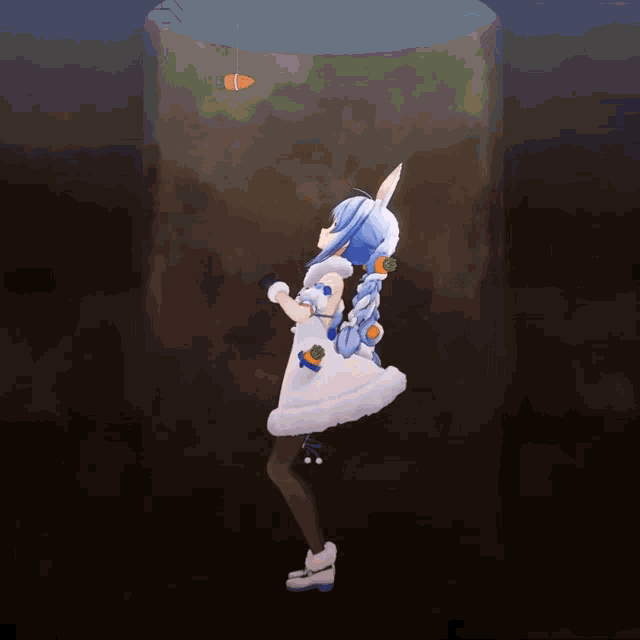 a girl in a white dress is standing in a cave