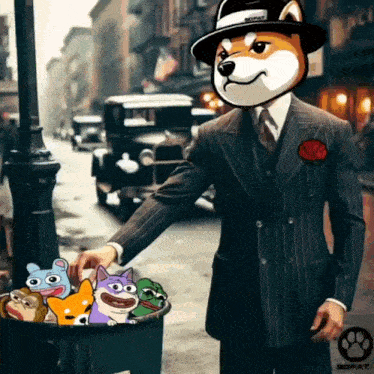 a man in a suit and hat with a dog on his head is throwing a garbage can full of cartoon animals