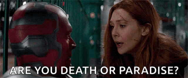 a man and a woman are looking at each other with the words `` are you death or paradise '' written above them .
