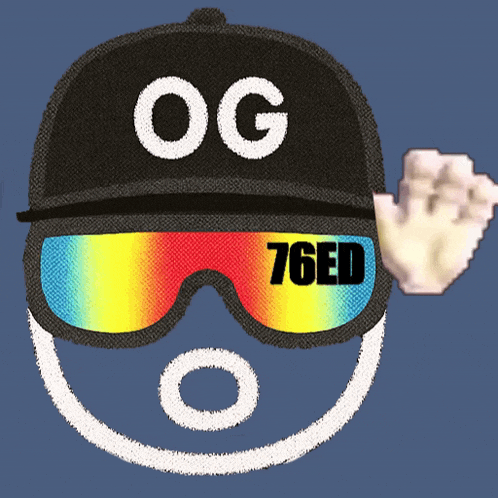 a person wearing a hat and goggles with og 76ed on it