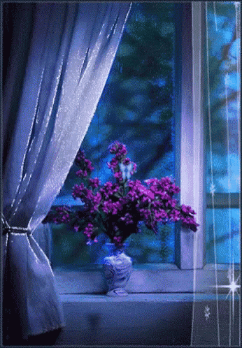 a window with a vase of purple flowers on it
