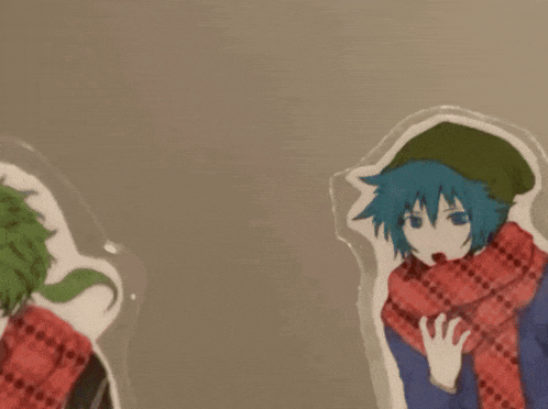 a green haired boy and a blue haired boy with scarves on