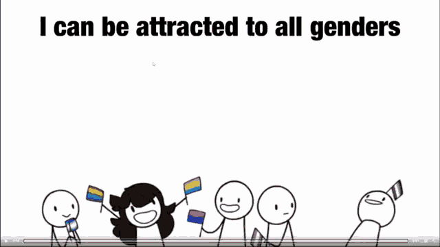 a group of stick figures holding rainbow flags with the words i can be attracted to all genders