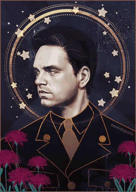 a painting of a man in a suit and tie with flowers in the background