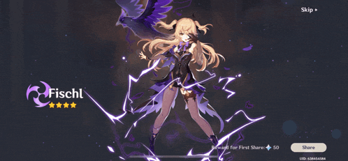 a fischl character in a video game with a purple bird behind her