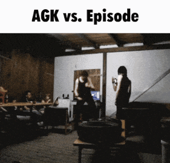 a group of people are dancing in a room with the words agk vs. episode on the top