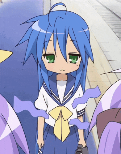 a girl with blue hair and green eyes is standing in a crowd