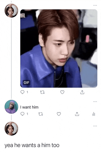 a screenshot of a gif of a man with the caption yea he wants a him too .