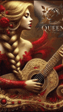a painting of a woman holding a guitar with the word queen in the corner