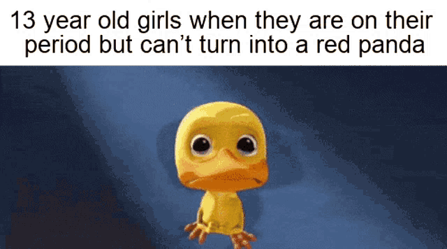 a cartoon duck with a caption that says 13 year old girls when they are on their period but