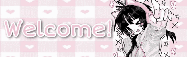 a pink and white checkered background with a girl and the words welcome