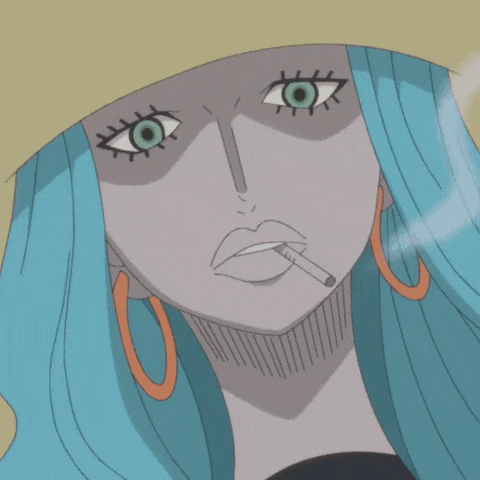 a cartoon character with blue hair and green eyes smoking a cigarette