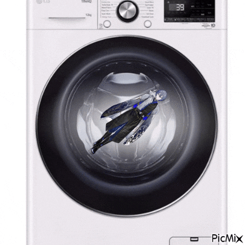 a white lg washing machine with a picture of a person inside