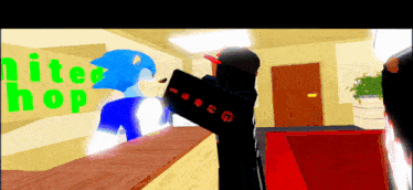 sonic the hedgehog is standing in front of a sign that says " nite shop "