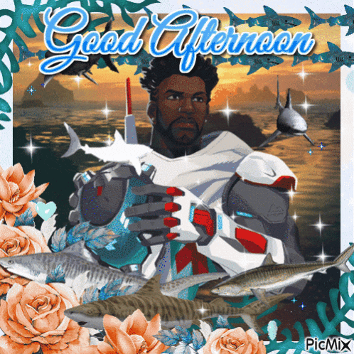 a good afternoon greeting card with a man surrounded by fish