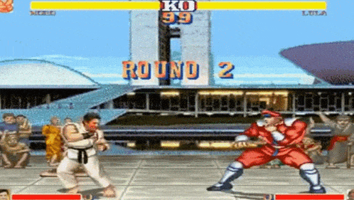 a video game screen shows two fighters in a round two match