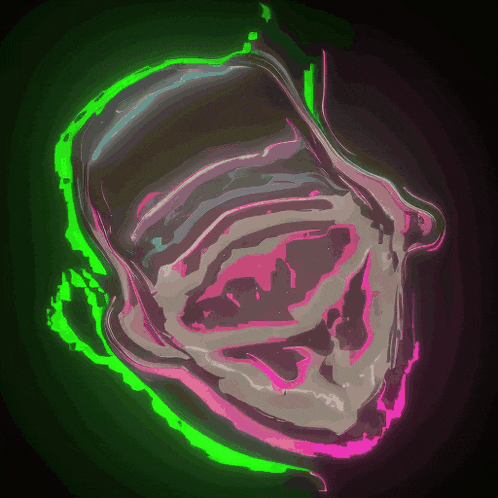 a drawing of a person 's face with green and pink lines on a dark background