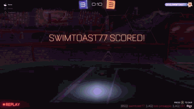 a screen shot of a rocket league game with swimtoast77 winning the game