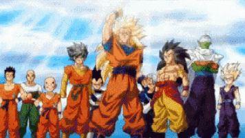 a group of cartoon characters including goku and vegeta are standing together