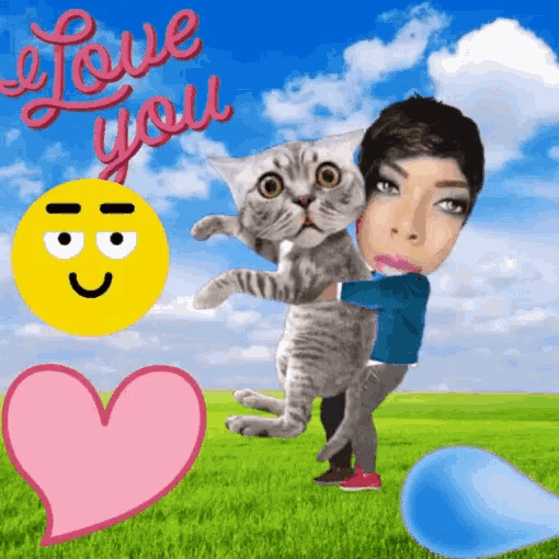a cartoon of a woman hugging a cat with the words " i love you " written in red