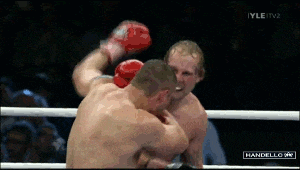 two men are boxing in a ring with the words handelo on the bottom left