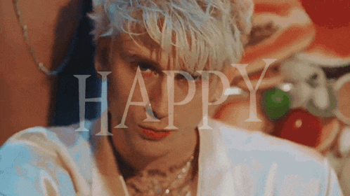 a close up of a man 's face with the word happy above him