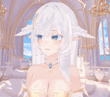 a girl with white hair and blue eyes is standing in front of a large window