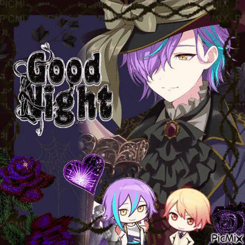 a purple haired anime character with the words good night written above him