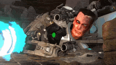 a man in a robotic suit has a green light coming out of his eye