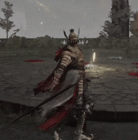 a knight with a red cape is standing in a field with his arms outstretched