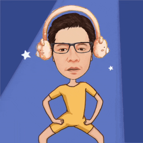 a cartoon drawing of a man wearing headphones and a yellow shirt