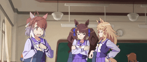 a group of anime characters are standing in a room