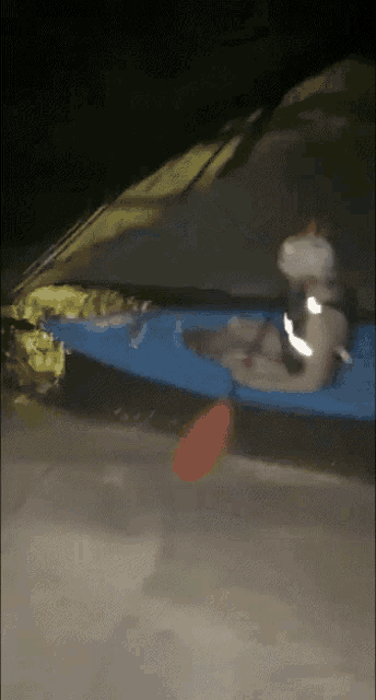 a person in a blue kayak with a red paddle in the water