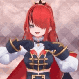 a girl with red hair and a crown on her head is wearing a black and red outfit .