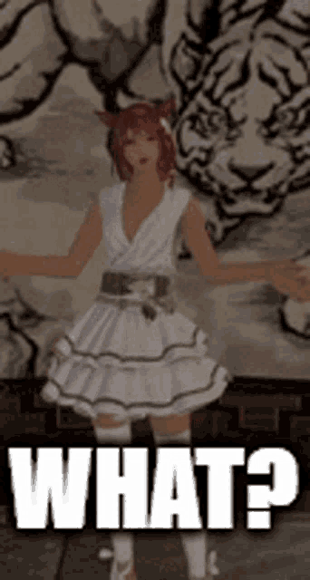 a woman in a white dress is standing in front of a painting of a tiger and asking what ?