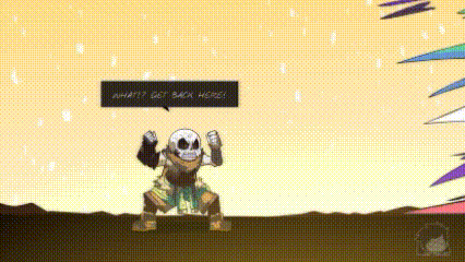 a skeleton is standing in the middle of a field with a speech bubble .