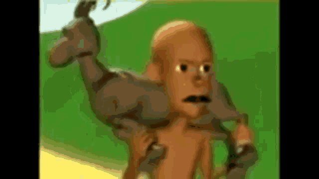 a cartoon character is carrying a baby on his back .