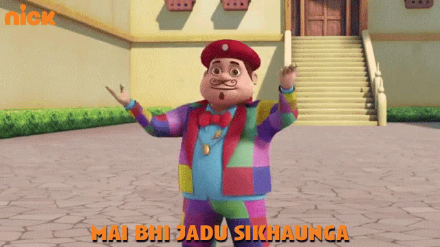 a cartoon character with the words mai bhi jadu sikhaunga on the bottom